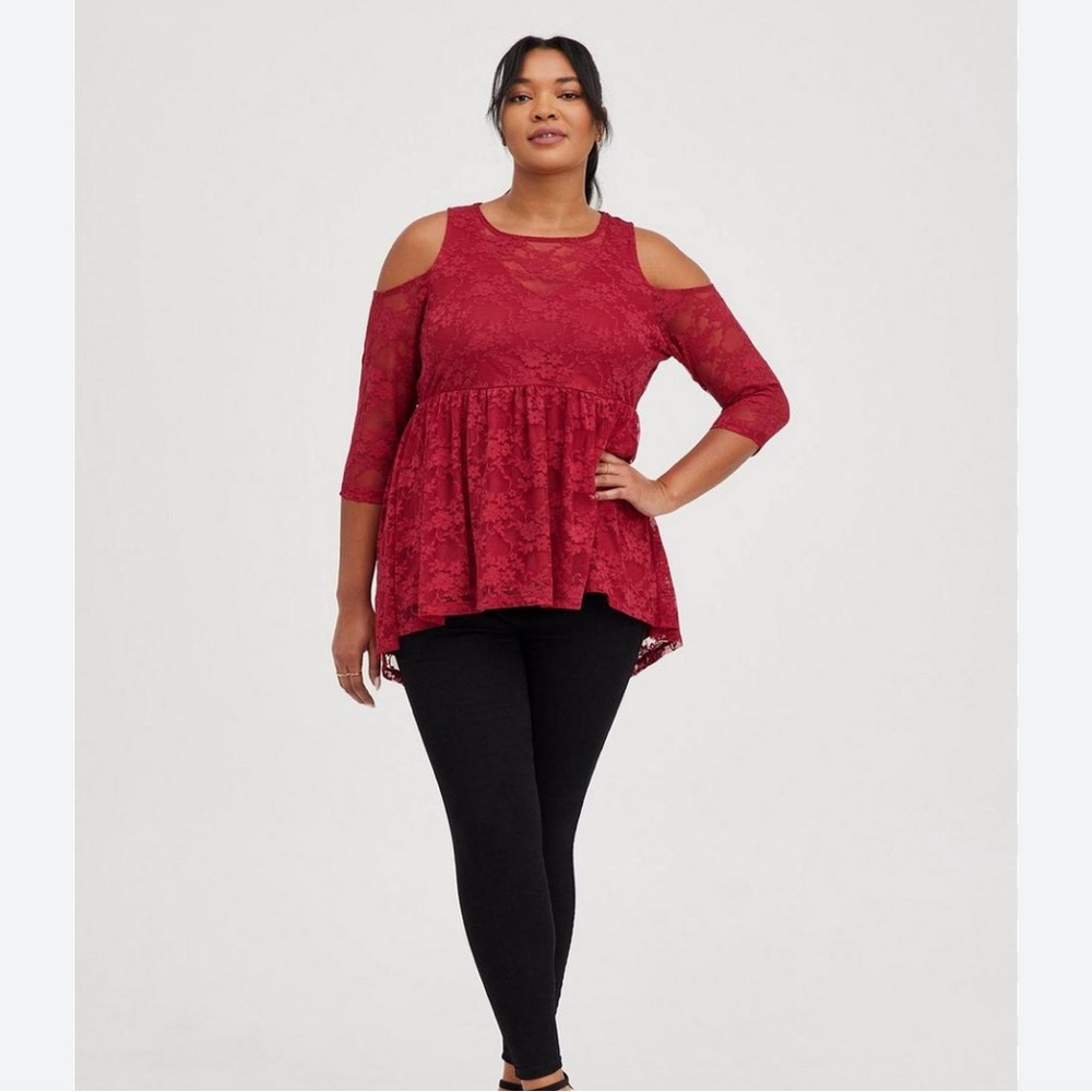 Torrid Top Tunic Babydoll Stretch Lace Cold Shoulder High Low Hem Lined Red